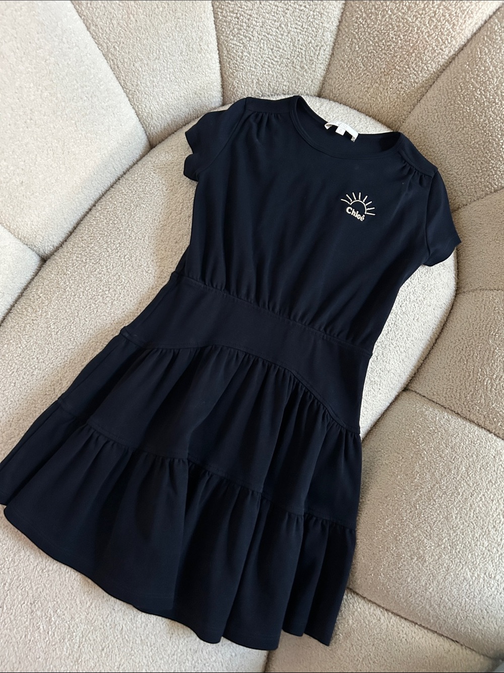Chloe Girls' Navy Tiered Dress with Sun Embroidery